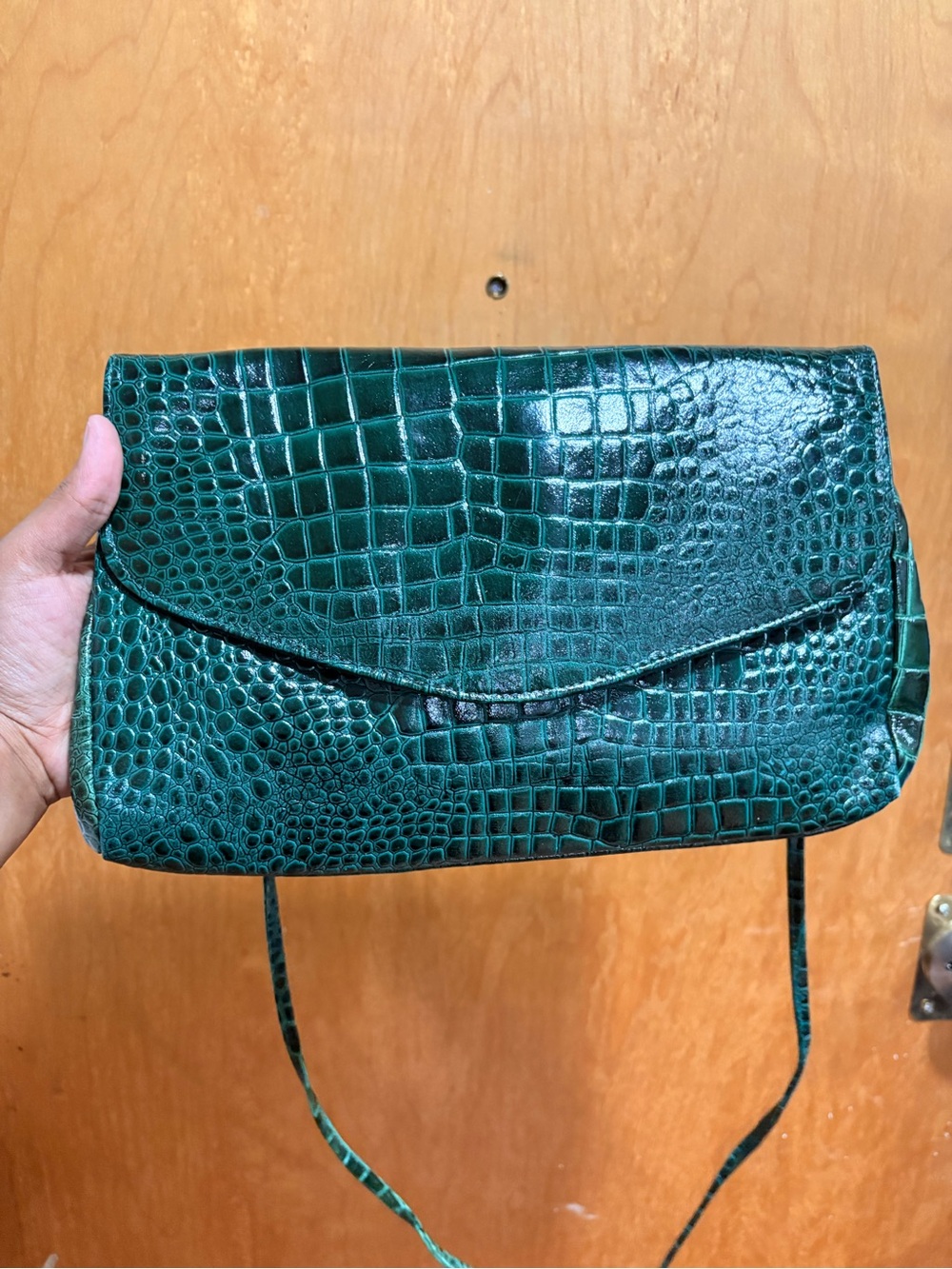 Jennifer Moore Emerald Green Croc-Embossed Envelope Clutch